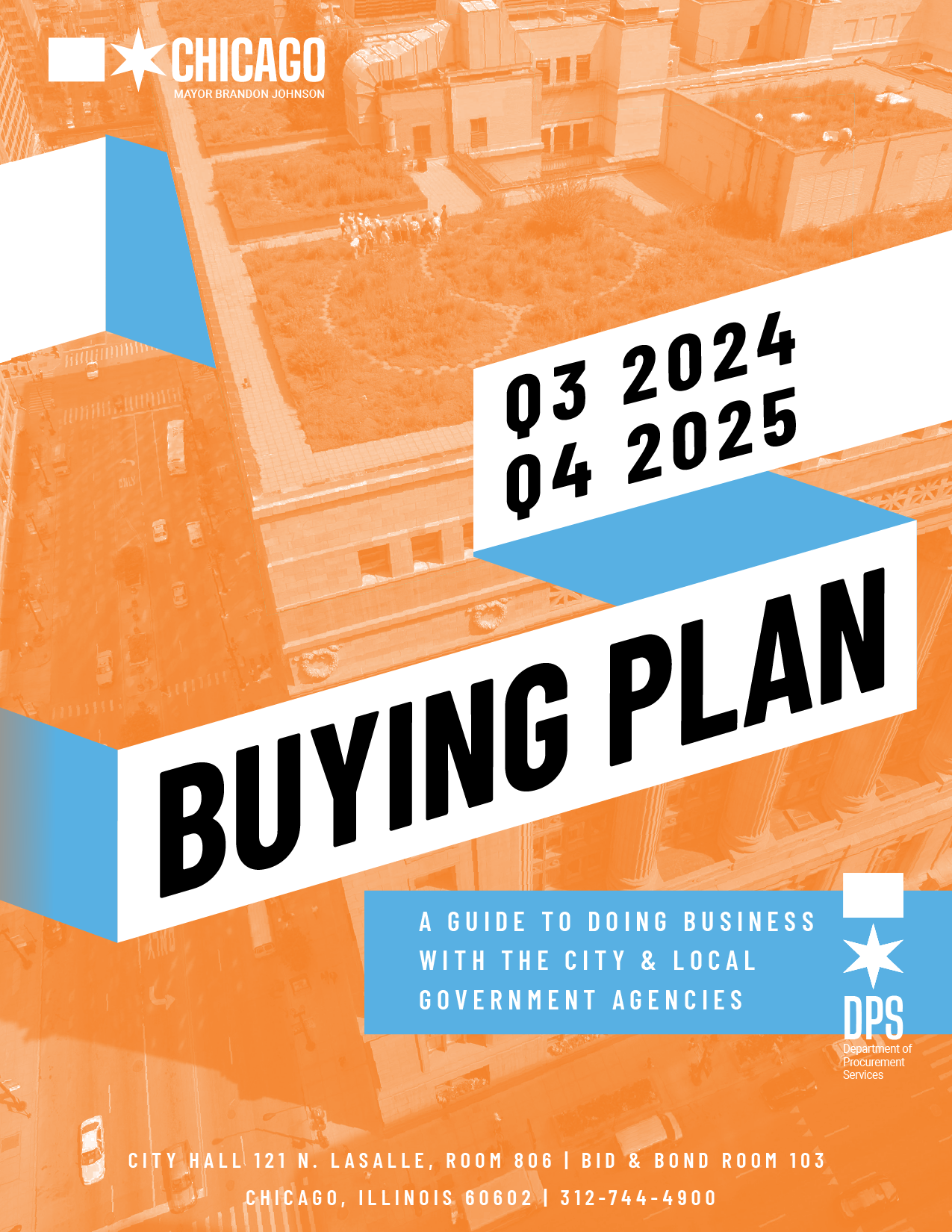 Thumbnail image of the City of Chicago Consolidated Buying Plan front cover, using a background image of a high-rise under construction from the perspective of a pedestrian. "City of Chicago Buying Plan, first quarter 2024 through second quarter 2025. A guide to doing business with the City and government agencies: City of Chicago, Sister Agencies, Cook County.